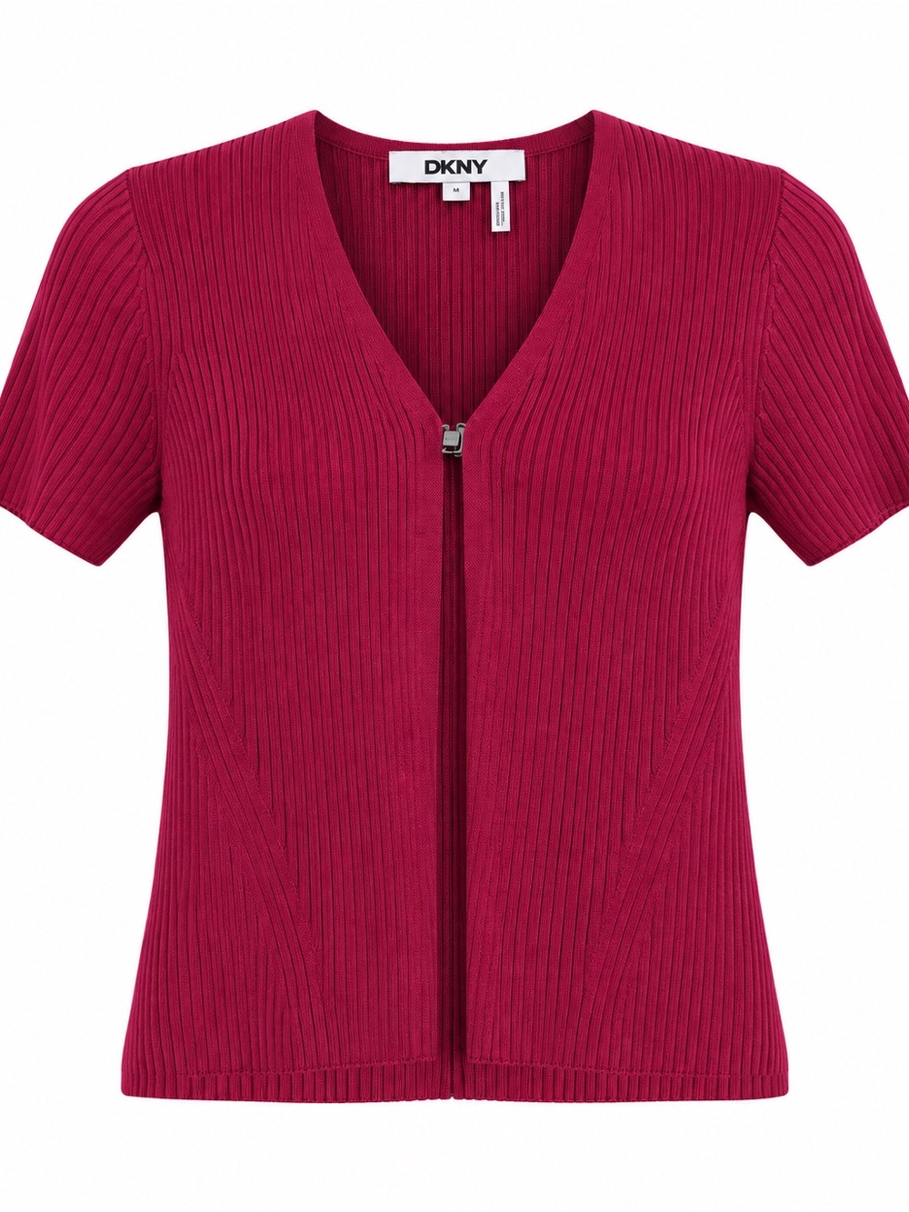 DKNY Short Sleeve Ribbed Zip-Front Top - Raspberry - Picture 1 of 12